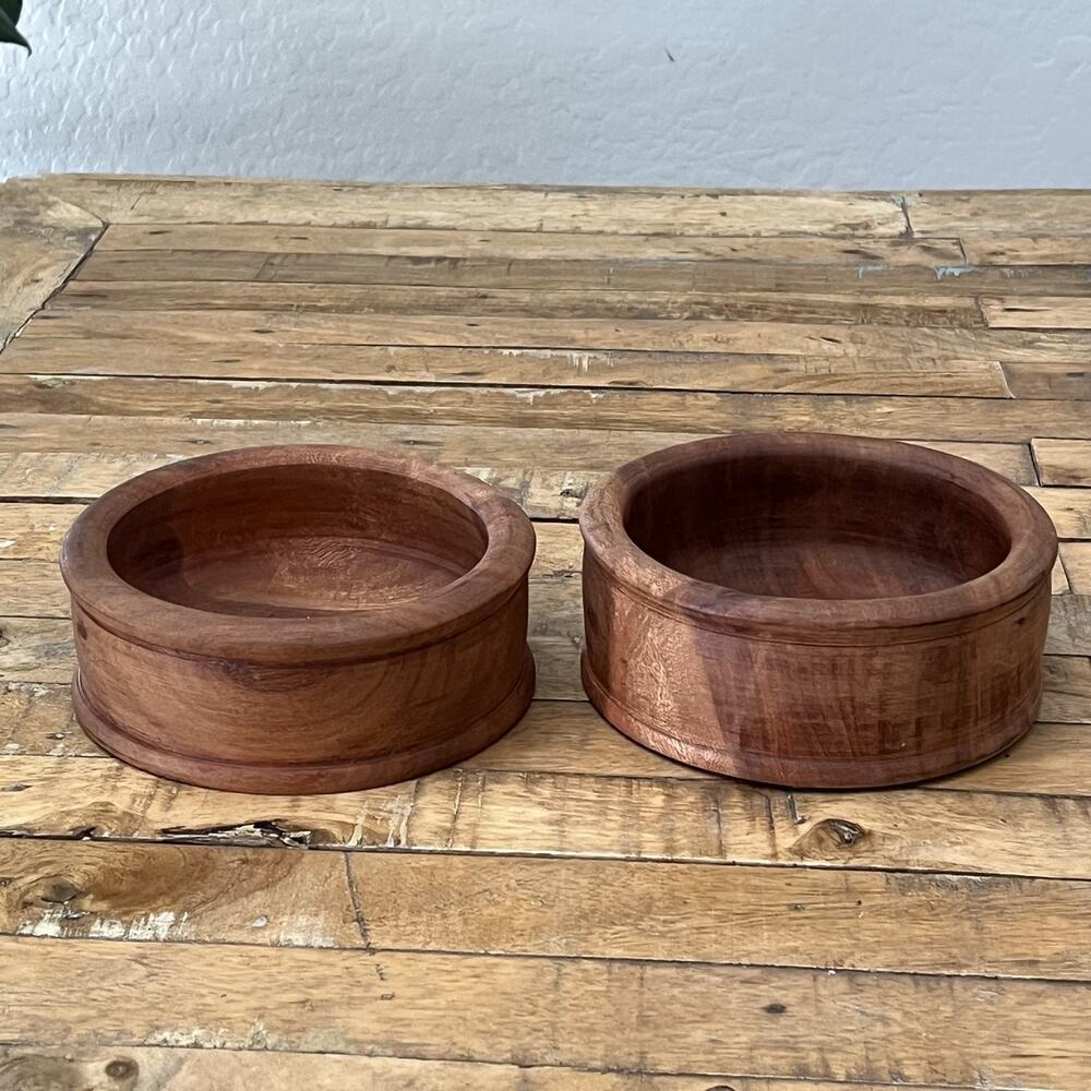 Hand-Turned Rustic Wooden Bowls Set of 2 6 in Teak Wood
